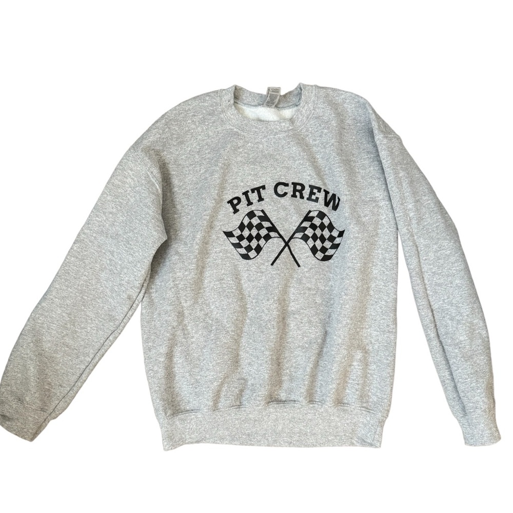 Gildan | Unisex Parents “Pit Crew” Heather Gray Crew neck sweater Size Large